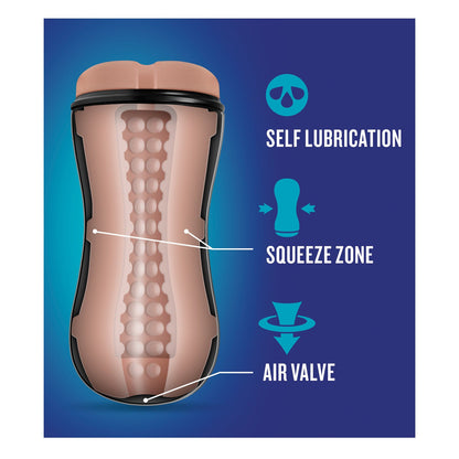 A diagram of the Blush Novelties Blush Coverboy The Surfer Dude shows its cylindrical design with labeled features like the self-lubricating Squeeze Zone and an Air Valve at the bottom, all set against a cool blue background evoking a surfer vibe.