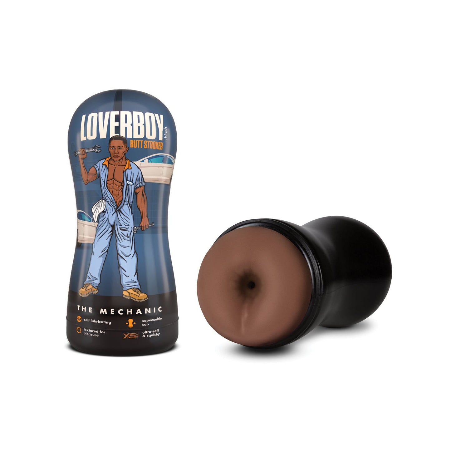 The Blush Coverboy The Mechanic by Blush Novelties features an illustrated character on the packaging. Inside the sleek black cylindrical container is a self-lubricating pocket stroker, combining adult functionality with playful design.