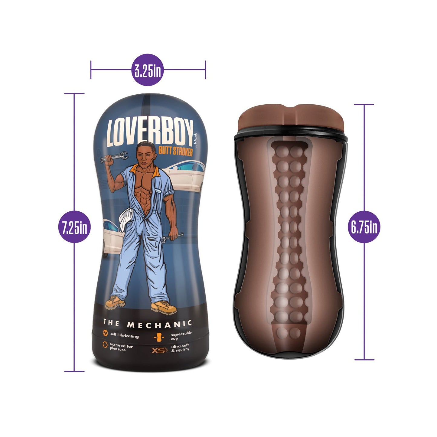 Two views of the Blush Coverboy The Mechanic packaging, by Blush Novelties, showcase a self-lubricating pocket stroker with a textured interior. Dimensions: 3.25in width, and heights 7.25in and 6.75in.