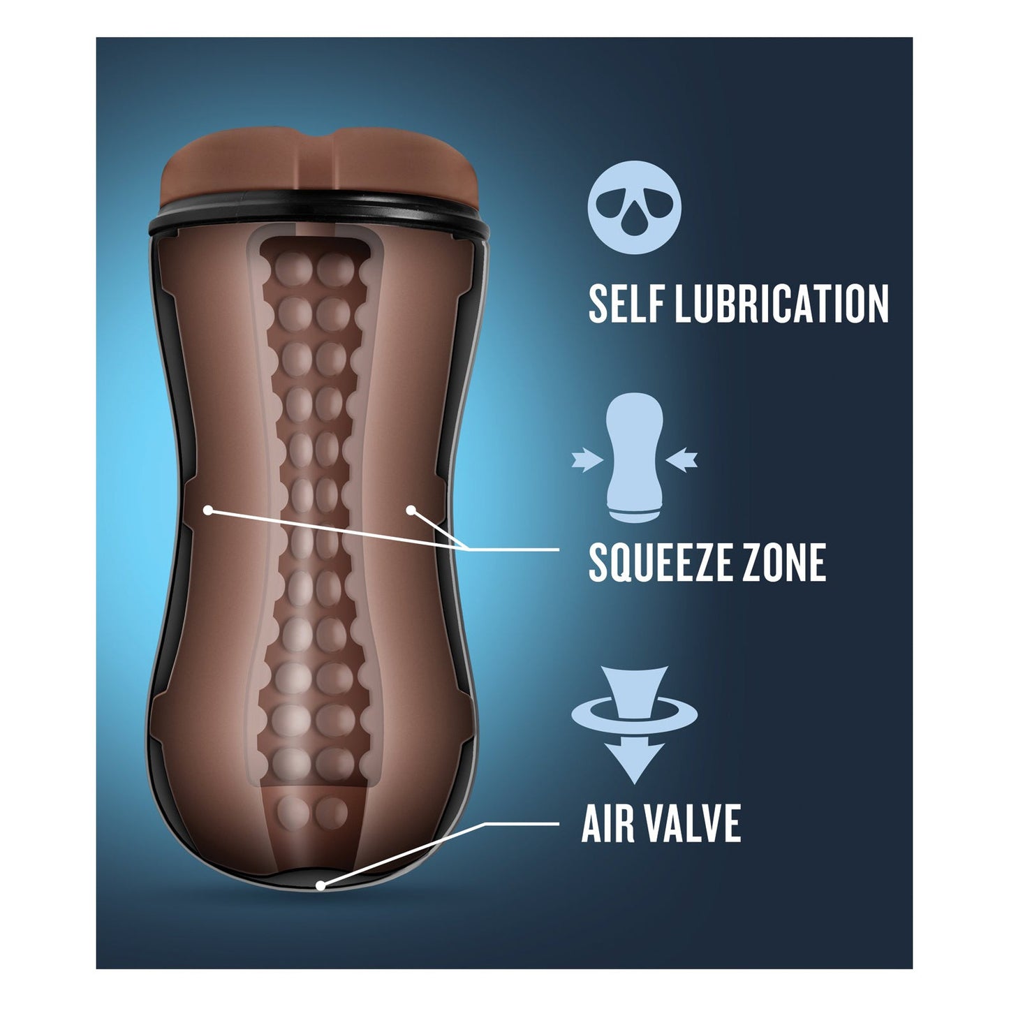 The Blush Coverboy The Mechanic by Blush Novelties boasts expertly designed features: Self Lubricating near the top, a textured Squeeze Zone in the middle, and an Air Valve at the bottom, set against a blue background for an innovative experience.