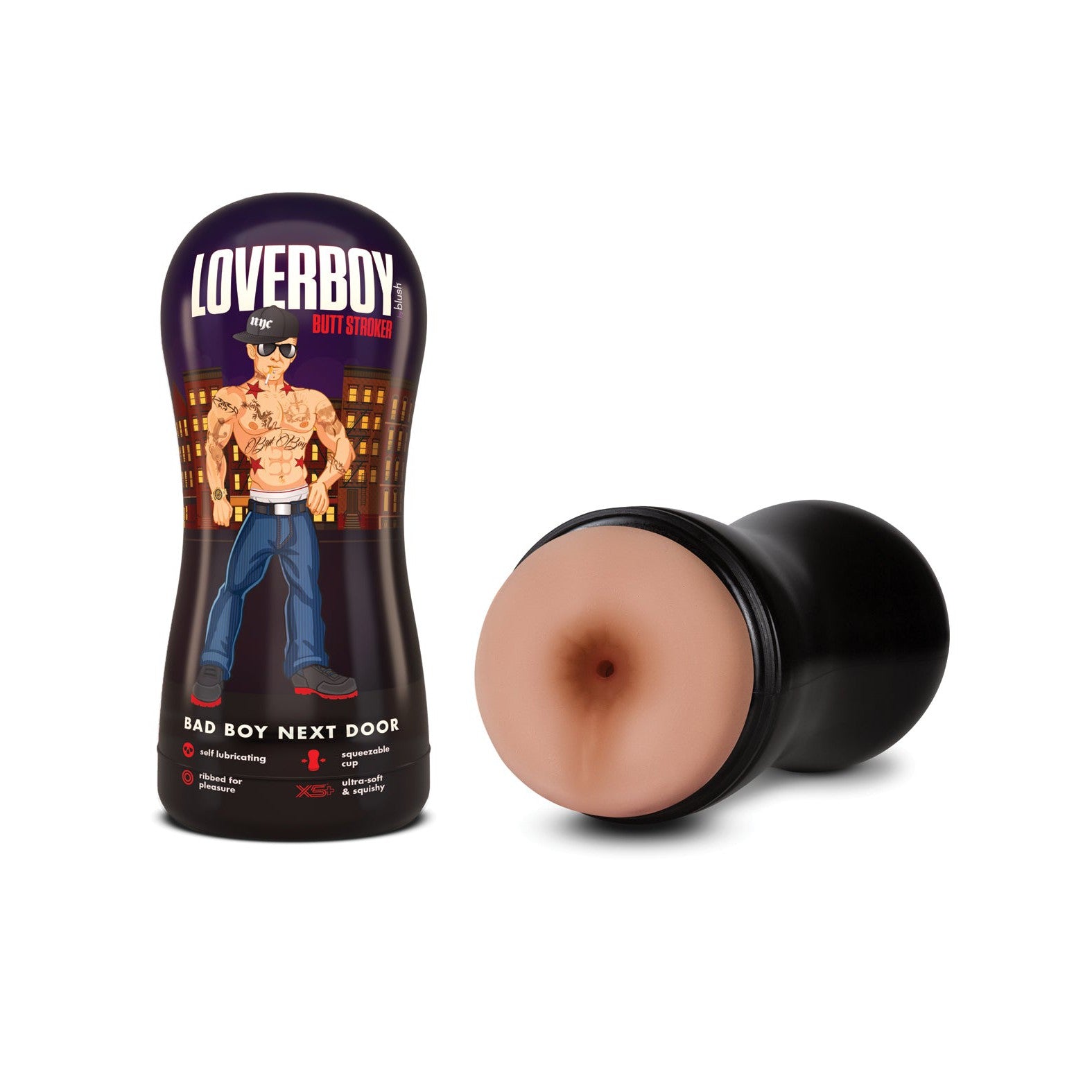 The Blush Novelties Coverboy Bad Boy Next Door is a self-lubricating pocket stroker in a sleek black and brown container with realistic texture, labeled LOVERBOY, featuring art of a muscular, tattooed man wearing a cap and jeans.