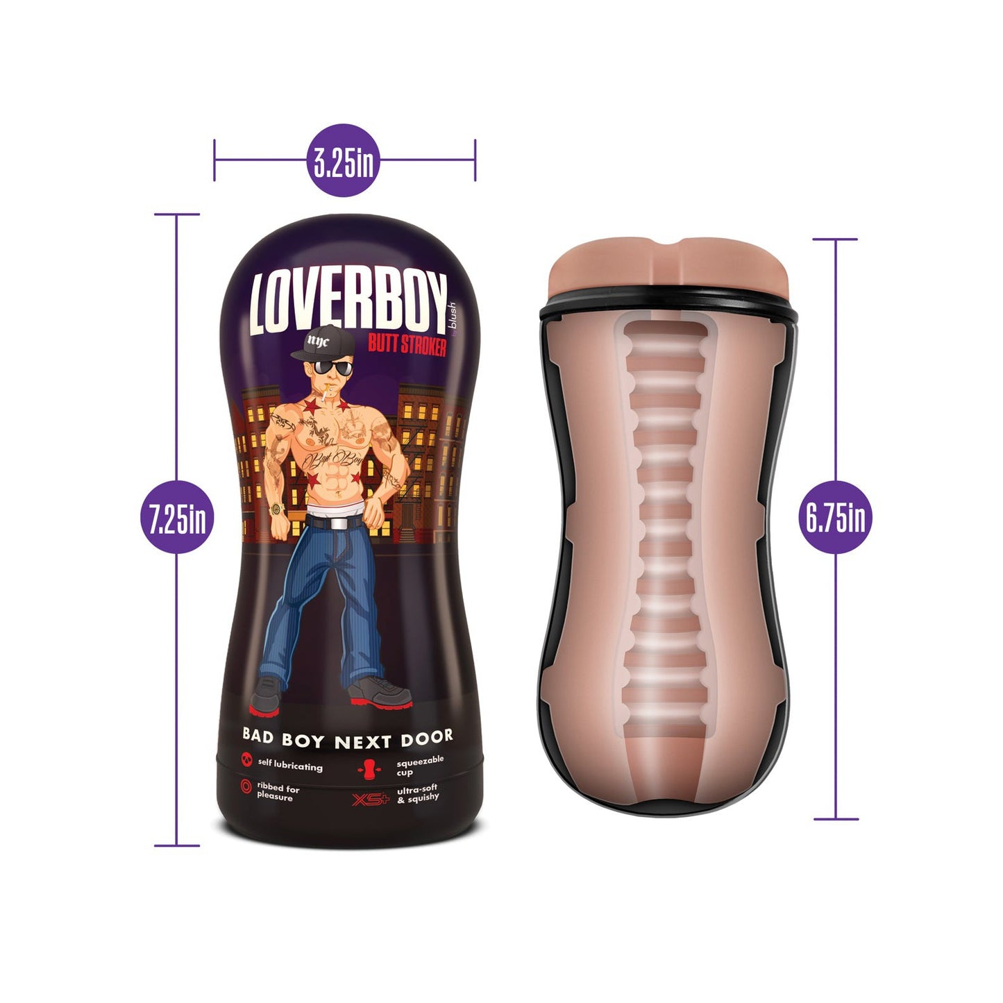 An image promoting the self-lubricating Blush Novelties Coverboy Bad Boy Next Door features a cartoon-illustrated container and interior texture, measuring 7.25 x 3.25 and 6.75, perfect for exploring fantasies.