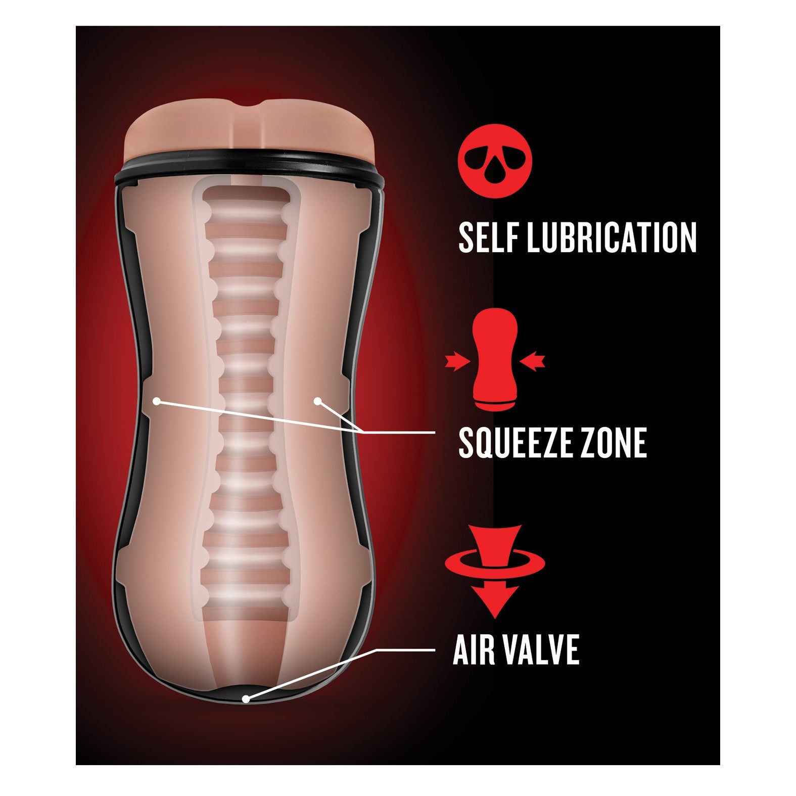 A diagram of the Blush Coverboy Bad Boy Next Door pocket stroker by Blush Novelties features a cross-section showcasing self-lubrication, a squeeze zone, and an air valve. Set against a gradient red background, icons and text illustrate its functions, promising its enticing allure.
