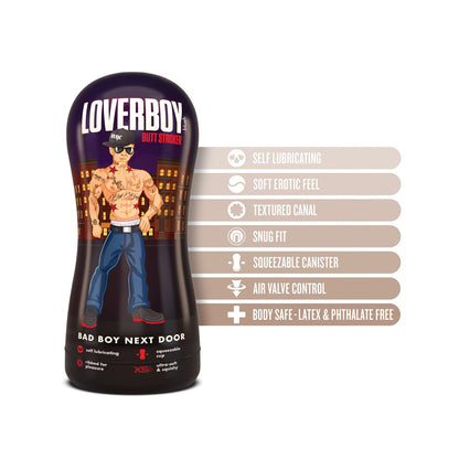 An image of the Blush Coverboy Bad Boy Next Door by Blush Novelties shows a cartoon character in a hat, sunglasses, and jeans. This pocket stroker is self-lubricating with an erotic feel, textured canal, snug fit, squeezable canister, air valve control, and body-safe materials.