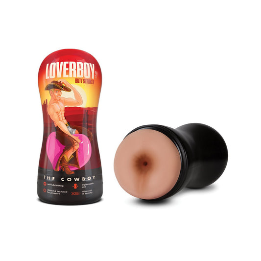A cylindrical container labeled Blush Coverboy Cowboy from Blush Novelties features a cartoon cowboy. Next to it is the open self-lubricating toy with a flesh-toned opening.