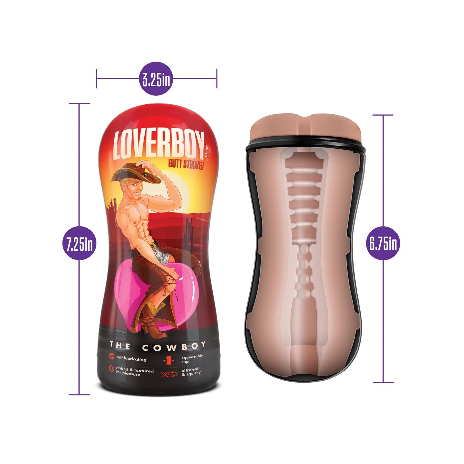 The Blush Coverboy Cowboy, from the Blush Novelties brand, is highlighted in a product image. The packaging measures 3.25 inches wide and 7.25 inches tall, showcasing its partially visible interior structure and self-lubricating feature for an enhanced experience.