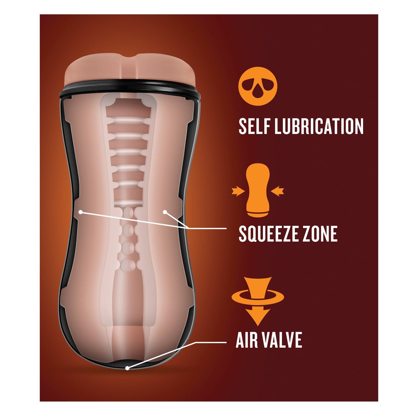 A cross-section diagram of the Blush Coverboy Cowboy stroker from Blush Novelties features Self Lubrication at the top, Squeeze Zone in the center, and Air Valve at the bottom, all with icons and arrows. Ideal for anyone looking to enhance their Cowboy-themed collection.