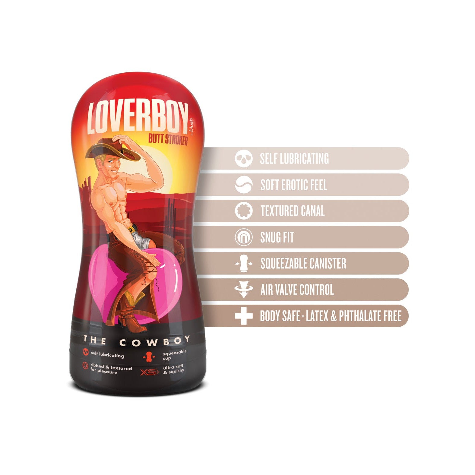 Presenting the Blush Coverboy Cowboy by Blush Novelties in eye-catching red and orange packaging with a cartoon cowboy. This pocket stroker offers self-lubrication, a soft feel, textured canal, snug fit, squeezable canister, air valve control, and is made of body-safe materials.