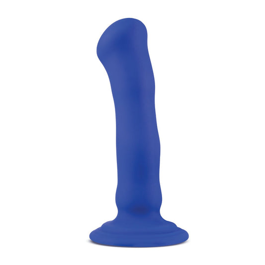 The Blush Novelties Impressions Santorini is a blue IPX7 waterproof silicone dildo with a curved shape and flared base, shown standing upright against a white background.
