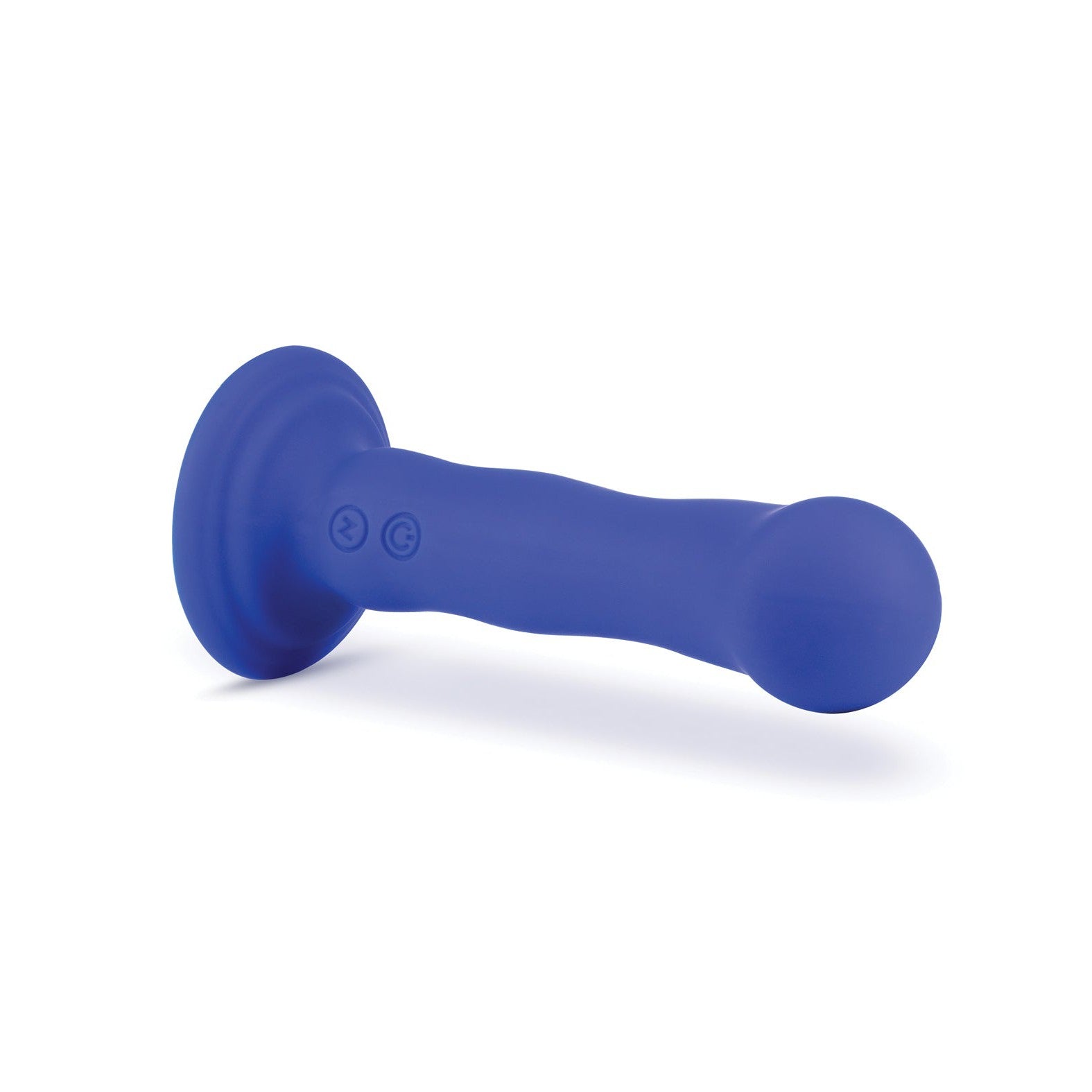 The Blush Impressions Santorini by Blush Novelties is a blue silicone dildo featuring RumbleTech technology and a suction base, displayed on a pristine white surface.
