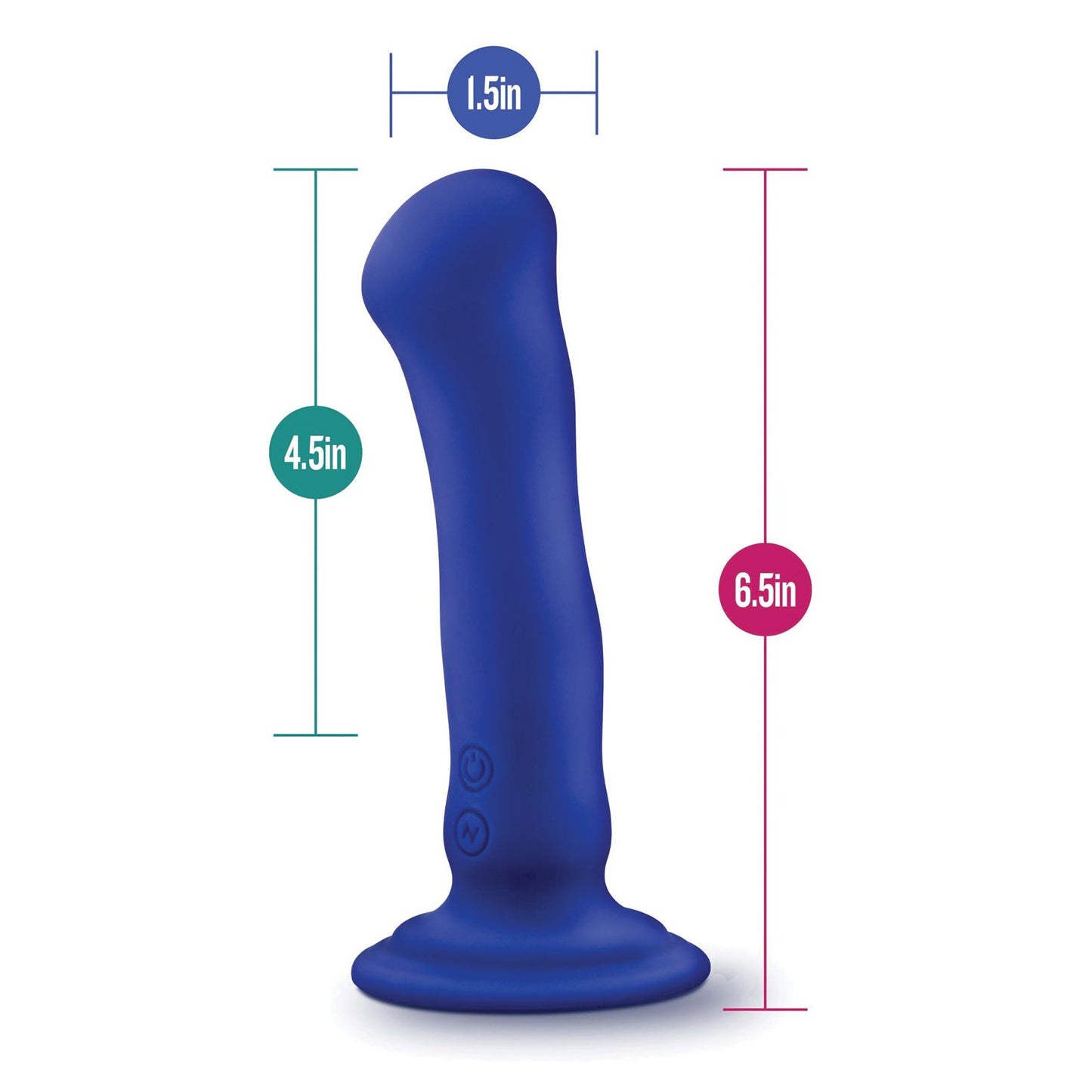 The Blush Impressions Santorini by Blush Novelties is a blue silicone dildo with RumbleTech vibration, a suction base, and IPX7 waterproofing. It features a curved shaft, two control buttons, and has dimensions of 1.5 wide, 4.5 insertable length, and 6.5 total length.