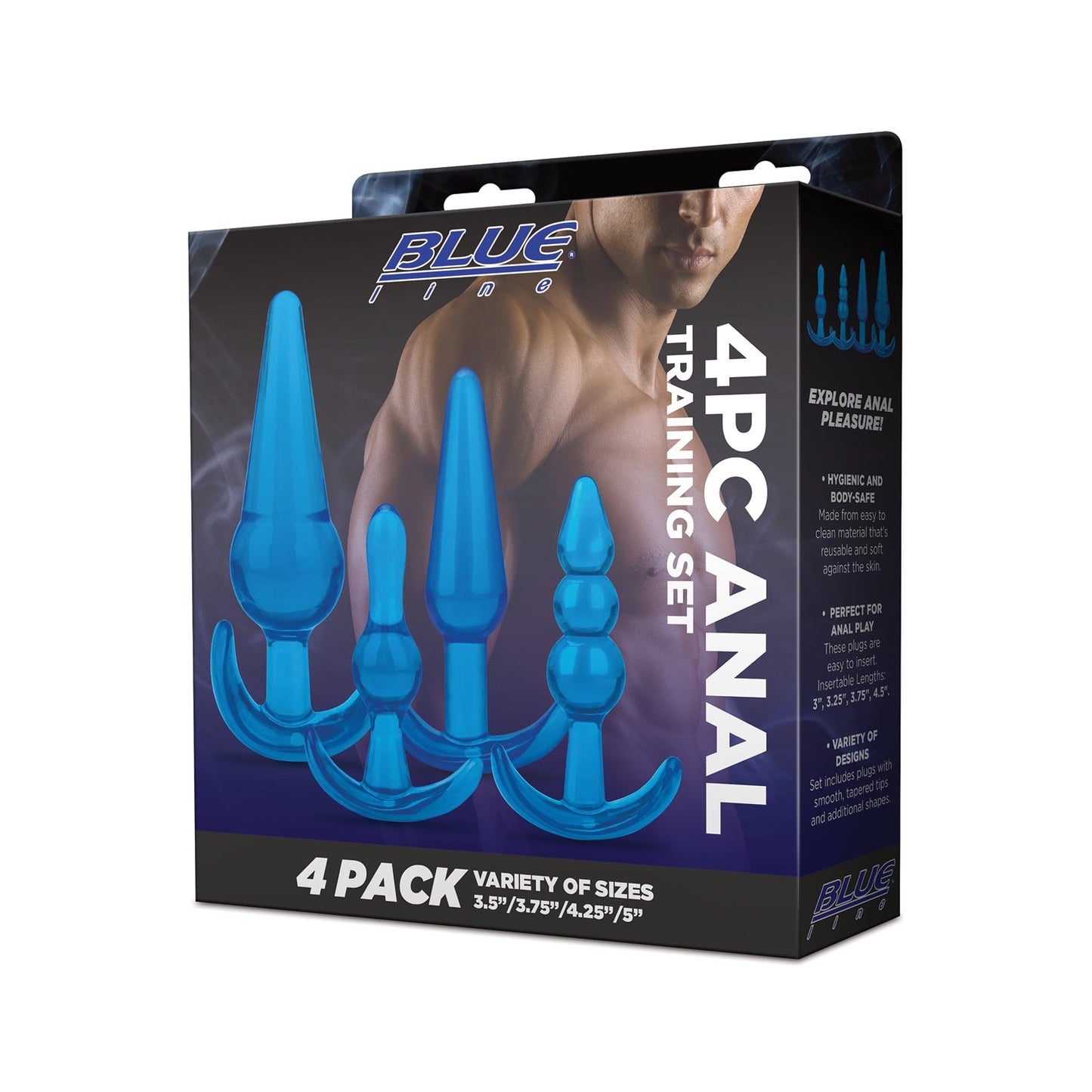 The Blue Line C & B 4 pc Anal Training Set, ideal for beginners, features four blue silicone plugs of different sizes. The packaging front emphasizes the body-safe material and size details against a dark backdrop.