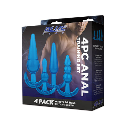 The Blue Line C & B 4 pc Anal Training Set, ideal for beginners, features four blue silicone plugs of different sizes. The packaging front emphasizes the body-safe material and size details against a dark backdrop.