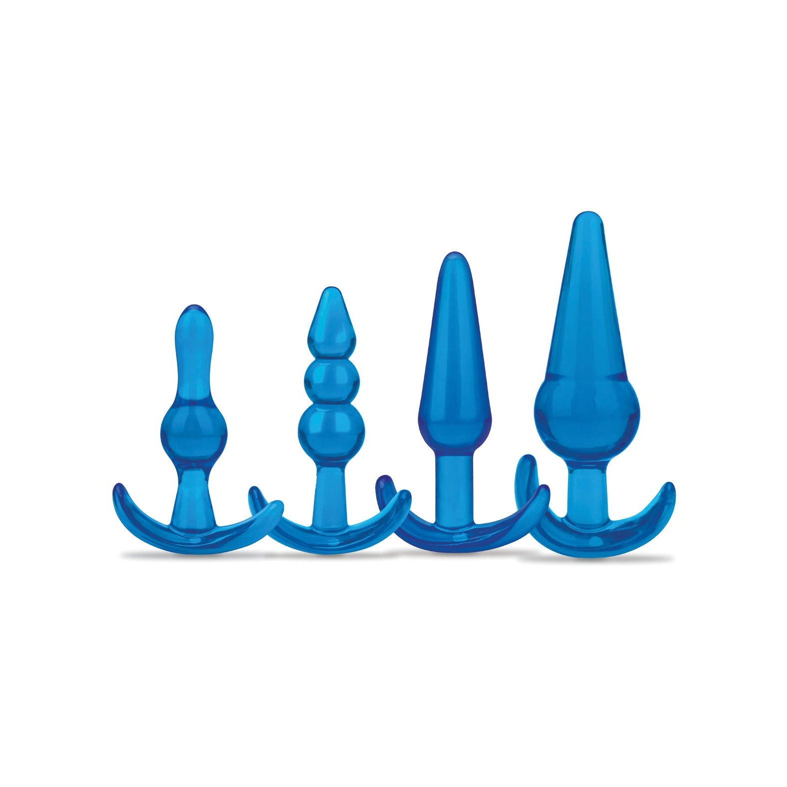 The Blue Line C & B 4 pc Anal Training Set features four blue silicone plugs of different sizes and shapes, neatly lined up on a white background. Each has a T-shaped base for safe and easy use, ideal for backdoor shenanigans.