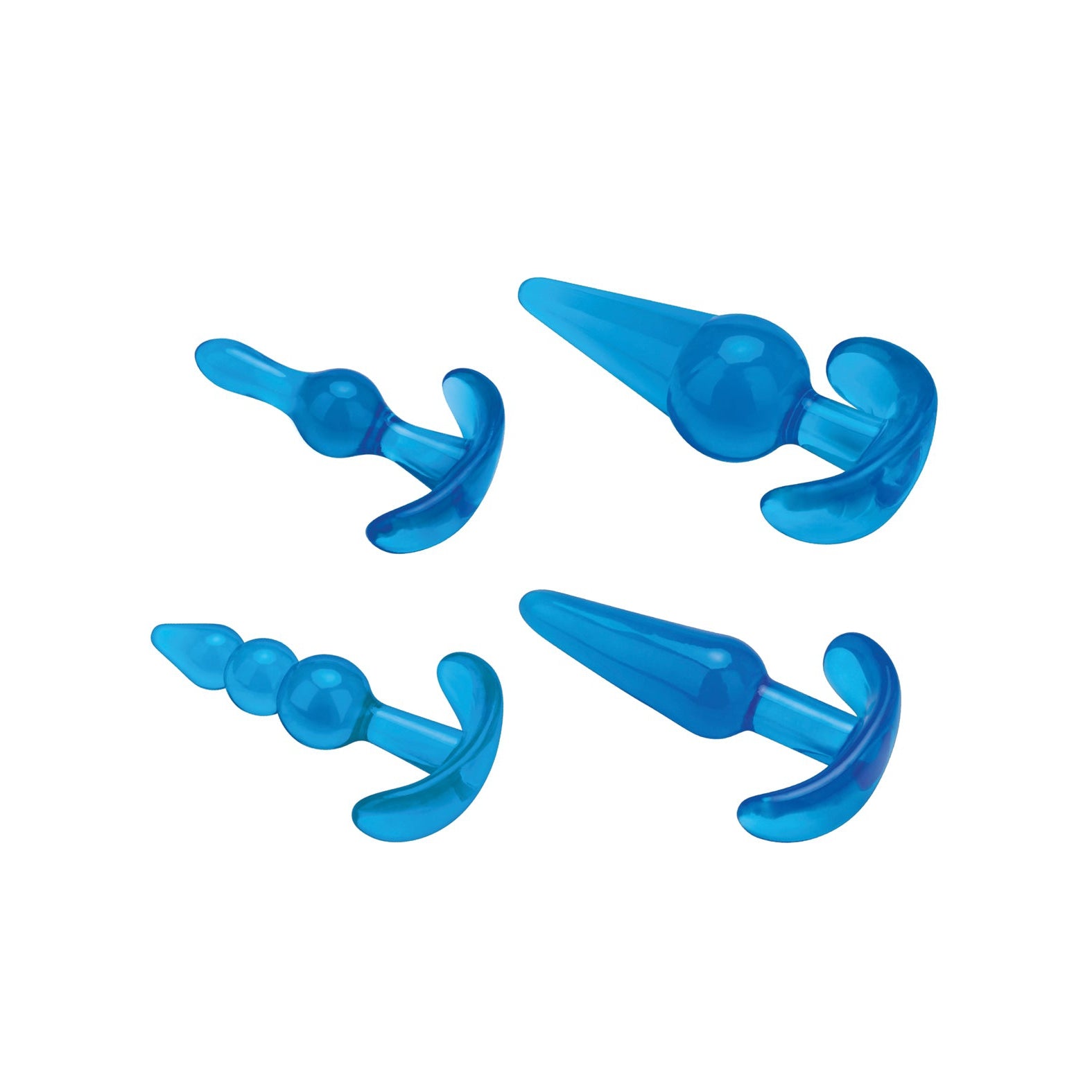 The Blue Line C & B 4 pc Anal Training Set by Blue Line offers four blue silicone plugs in various sizes and shapes, ideal for adventurous play. Each plug features a smooth finish and flared base for safety, with designs including spherical and elongated elements.