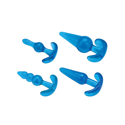 The Blue Line C & B 4 pc Anal Training Set by Blue Line offers four blue silicone plugs in various sizes and shapes, ideal for adventurous play. Each plug features a smooth finish and flared base for safety, with designs including spherical and elongated elements.