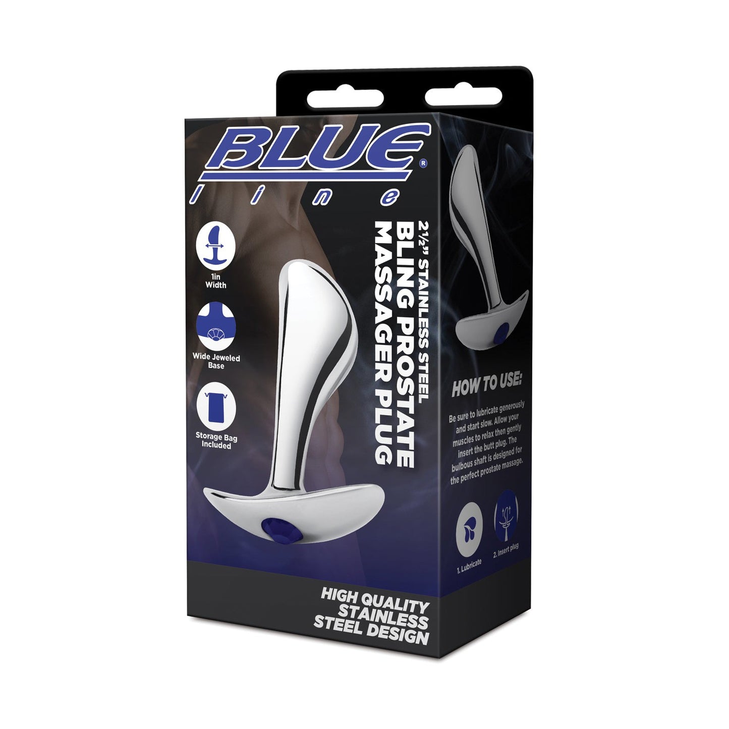 The Blue Line packaging highlights the luxurious 2.5 Stainless Steel Bling Prostate Massager Plug with an image, size details, a storage bag, and usage instructions for convenience.