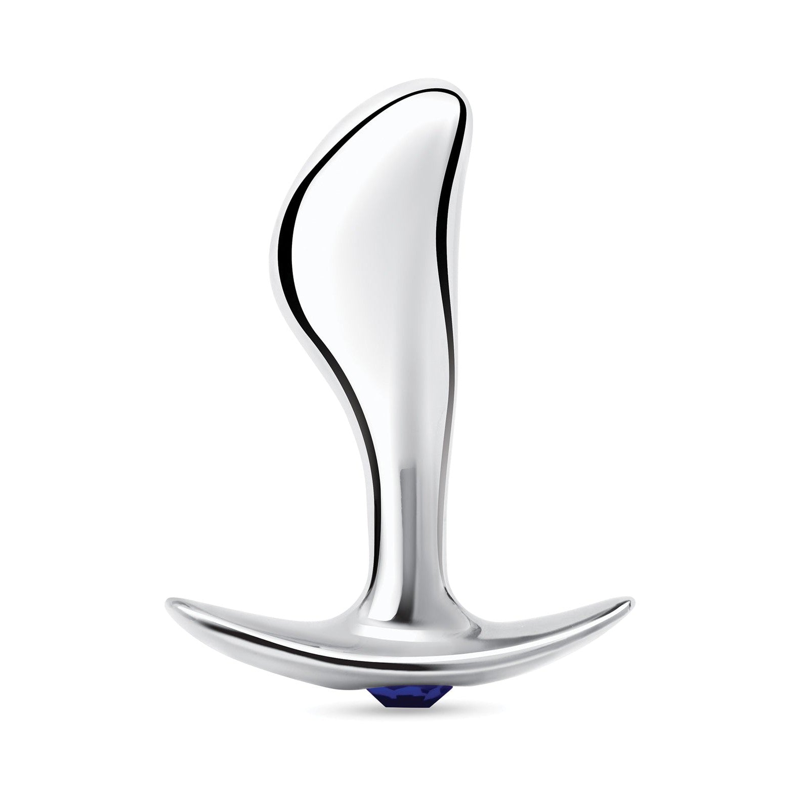 The Blue Line 2.5 Stainless Steel Bling Prostate Massager Plug by Blue Line is a sleek, curved design with a smooth, polished surface and a flat base. It’s embellished with a small blue gem at the bottom, combining functionality with luxury.
