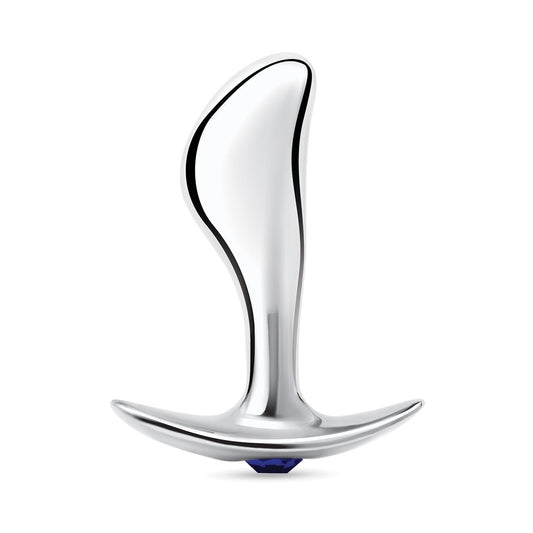 The Blue Line 2.5 Stainless Steel Bling Prostate Massager Plug by Blue Line is a sleek, curved design with a smooth, polished surface and a flat base. It’s embellished with a small blue gem at the bottom, combining functionality with luxury.
