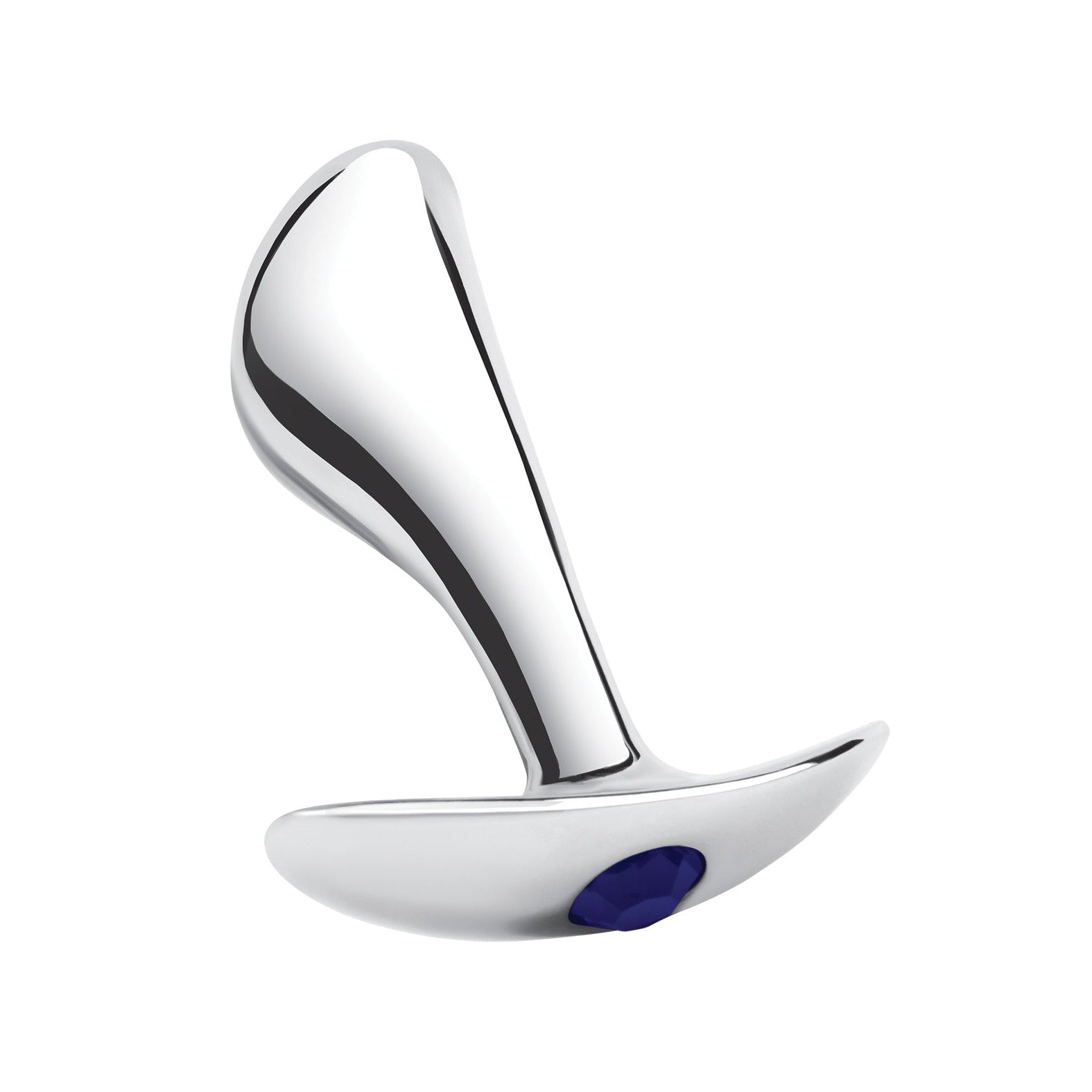 The Blue Line 2.5 Stainless Steel Bling Prostate Massager Plug features a sleek, curved body with a stainless steel finish and a handle adorned with a blue gem, all set against a plain white background.
