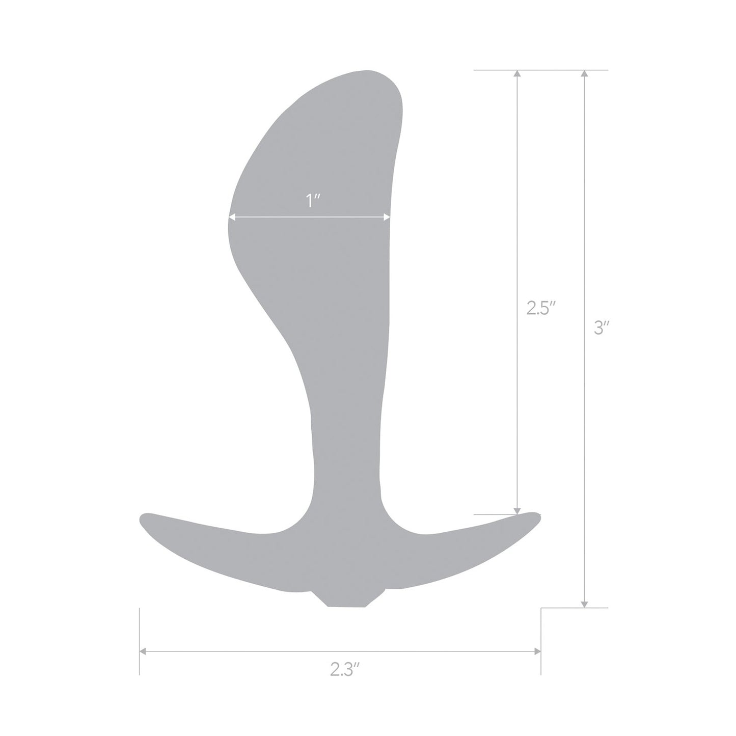 The silhouette of the Blue Line 2.5 Stainless Steel Bling Prostate Massager Plug shows a luxury design with labeled dimensions. The sleek, gray plug features a curved top, a narrow 1-inch middle section, and a flat base thats 2.3 inches wide, for a total height of 3 inches and an upper section thats 2.5 inches tall.