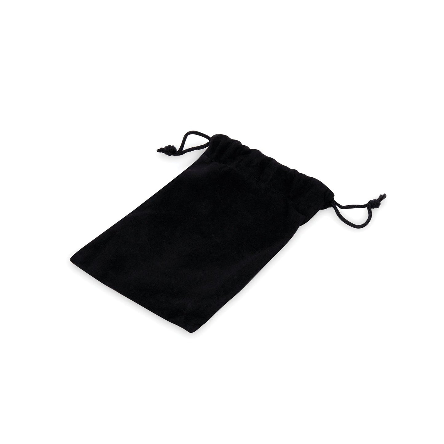 A small black velvet drawstring pouch, flat against a white background, features a gathered top and two handles for closure. Its simple yet elegant, perfect for storing the 2.5 Stainless Steel Bling Prostate Massager Plug by Blue Line, adding sophistication to intimate storage solutions.