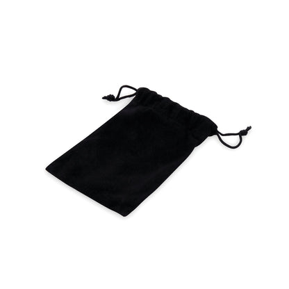 A small black velvet drawstring pouch, flat against a white background, features a gathered top and two handles for closure. Its simple yet elegant, perfect for storing the 2.5 Stainless Steel Bling Prostate Massager Plug by Blue Line, adding sophistication to intimate storage solutions.