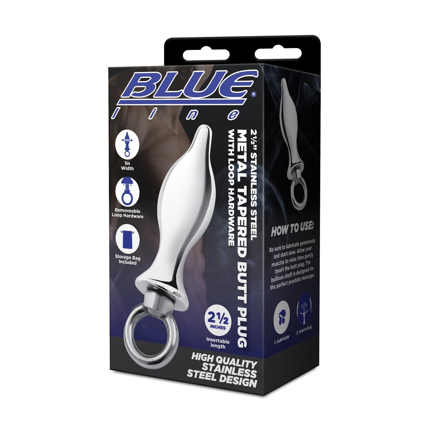 The Blue Line 2.5 Stainless Steel Metal Tapered Butt Plug With Loop Hardware packaging emphasizes its premium quality, ideal for temperature play, listing product features and dimensions. It includes a storage bag and has a 2.5-inch insertable length.