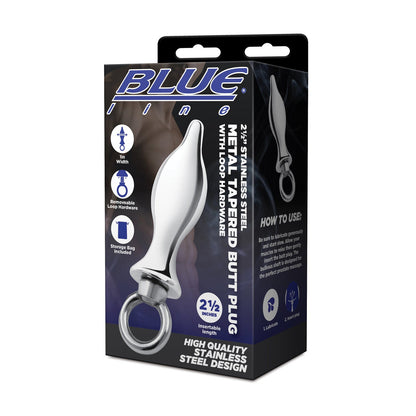 The Blue Line 2.5 Stainless Steel Metal Tapered Butt Plug With Loop Hardware packaging emphasizes its premium quality, ideal for temperature play, listing product features and dimensions. It includes a storage bag and has a 2.5-inch insertable length.