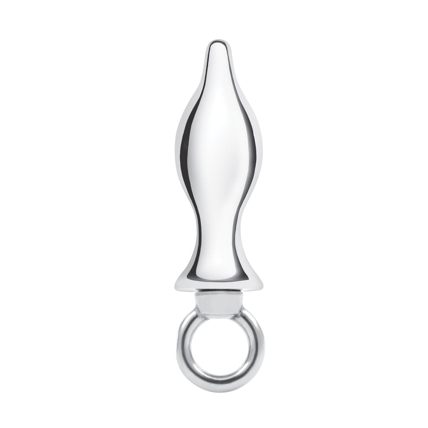 The Blue Line 2.5 Stainless Steel Metal Tapered Butt Plug features a smooth, symmetrical design tapering at both ends with a loop handle, showcasing a polished silver finish and crafted from stainless steel.