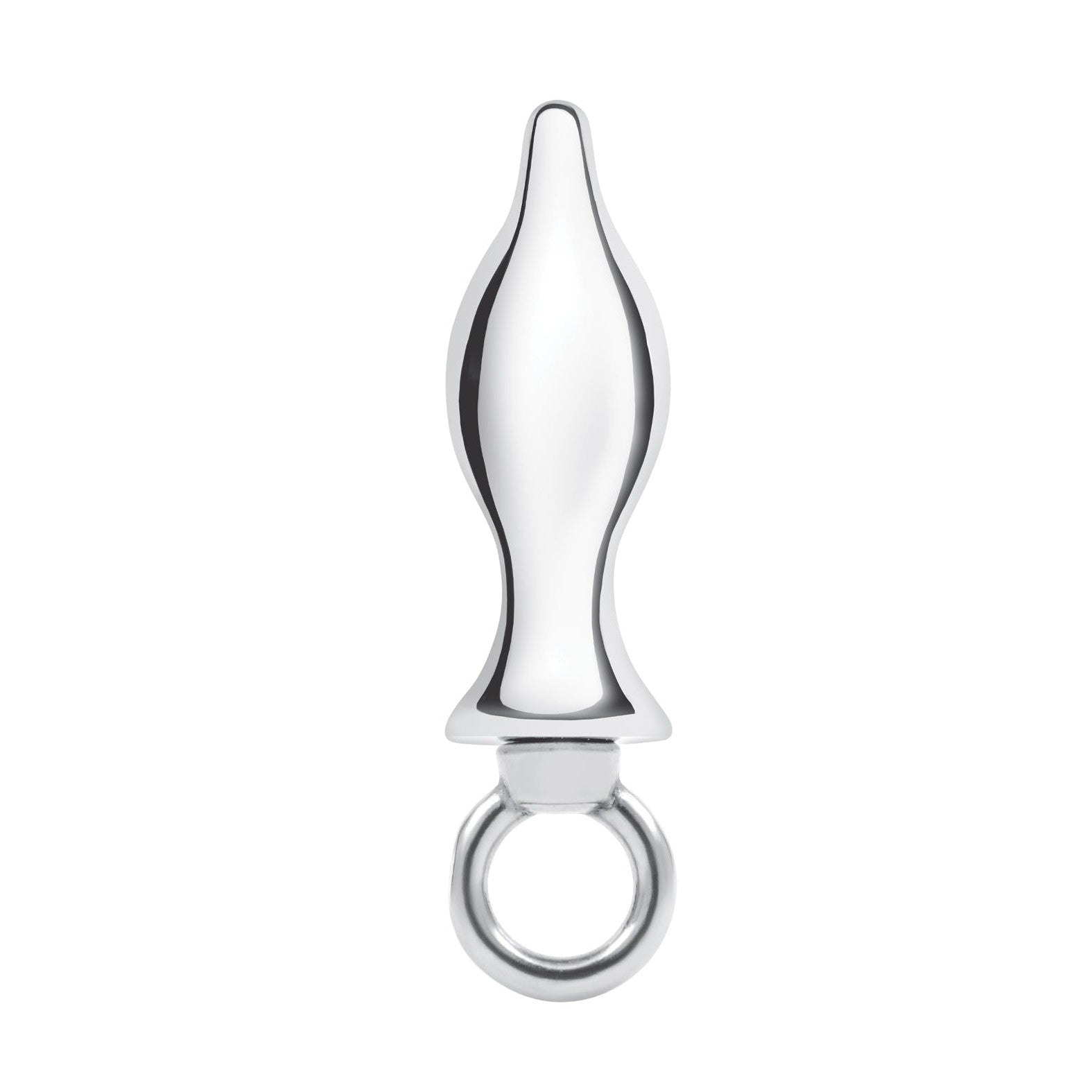 The Blue Line 2.5 Stainless Steel Metal Tapered Butt Plug features a smooth, symmetrical design tapering at both ends with a loop handle, showcasing a polished silver finish and crafted from stainless steel.