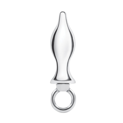 The Blue Line 2.5 Stainless Steel Metal Tapered Butt Plug features a smooth, symmetrical design tapering at both ends with a loop handle, showcasing a polished silver finish and crafted from stainless steel.