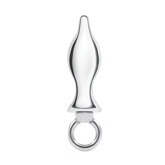 The Blue Line 2.5 Stainless Steel Metal Tapered Butt Plug features a smooth, symmetrical design tapering at both ends with a loop handle, showcasing a polished silver finish and crafted from stainless steel.