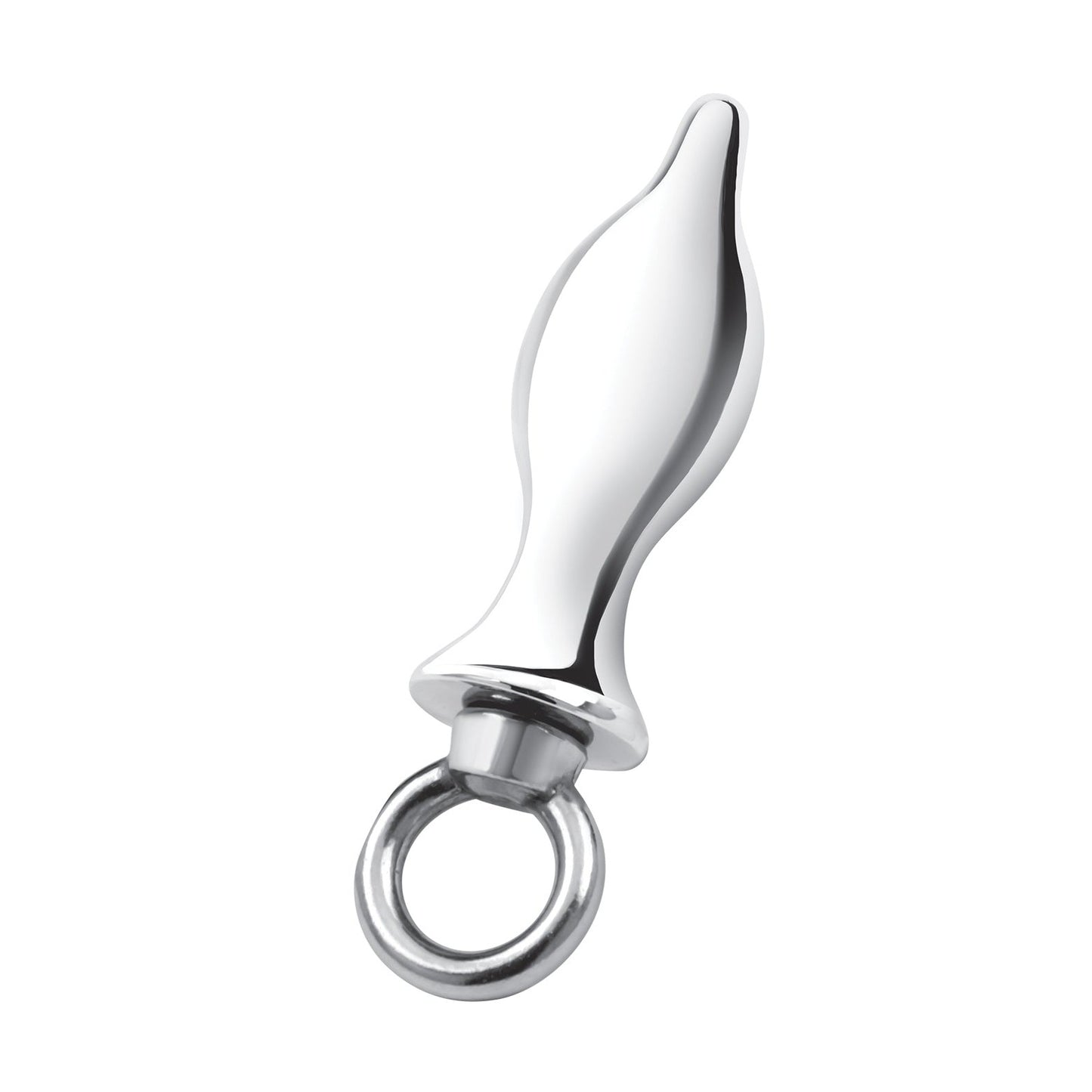 The Blue Line 2.5 Stainless Steel Metal Tapered Butt Plug boasts a shiny, silver finish with a rounded tip and loop handle, ideal for personal use and temperature play.