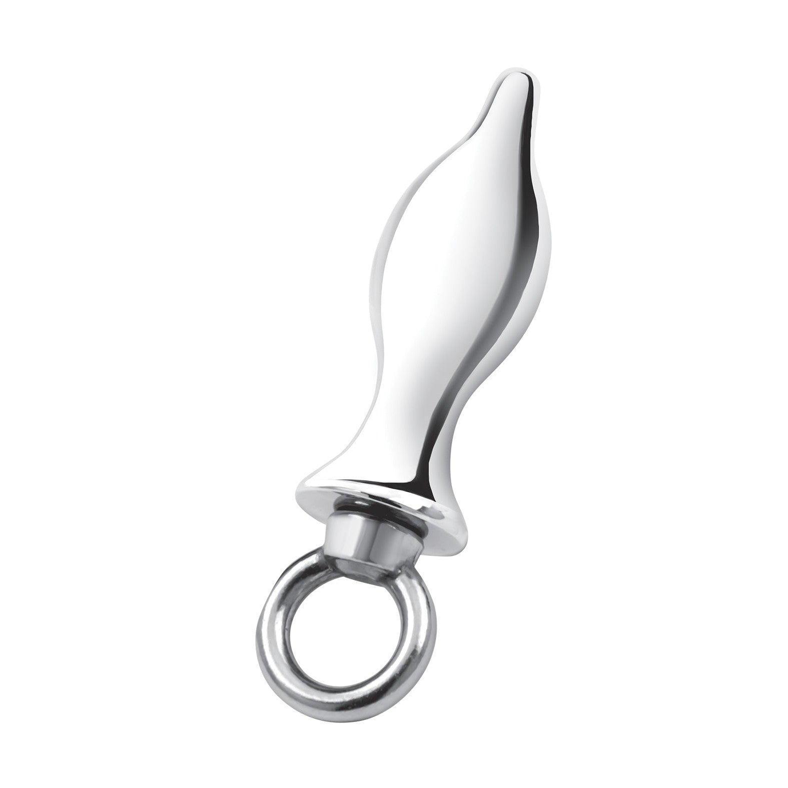 The Blue Line 2.5 Stainless Steel Metal Tapered Butt Plug boasts a shiny, silver finish with a rounded tip and loop handle, ideal for personal use and temperature play.