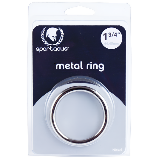The packaging displays the Spartacus 1.75 Nickel Cock Ring, featuring durable construction and a silver finish, presented in a clear plastic package with sleek black and white labels.