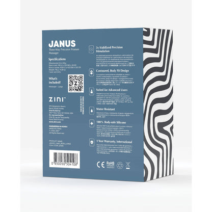 The image shows the back of the Zini Janus Lamp Iron massage device box, featuring a blue and white design with specifications, included items, contact info, and warranty details. Made from body-safe silicone, it boasts a wavy black and white pattern on the side.