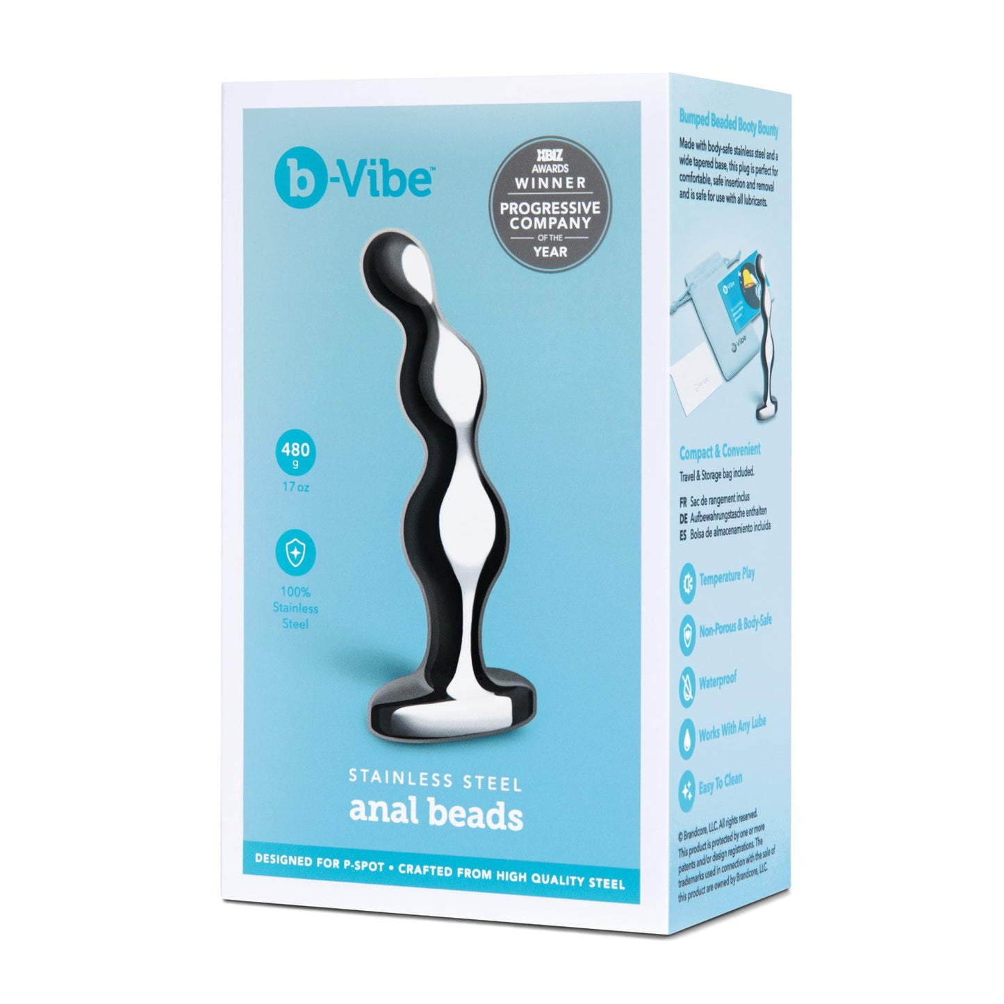 The b-vibe Stainless Steel Anal Beads come in sleek packaging, featuring a black-and-white image. Designed for prostate stimulation and crafted from high-quality steel, the box proudly displays an award recognition for Progressive Company.