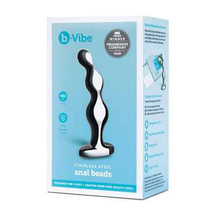 The b-vibe Stainless Steel Anal Beads come in sleek packaging, featuring a black-and-white image. Designed for prostate stimulation and crafted from high-quality steel, the box proudly displays an award recognition for Progressive Company.