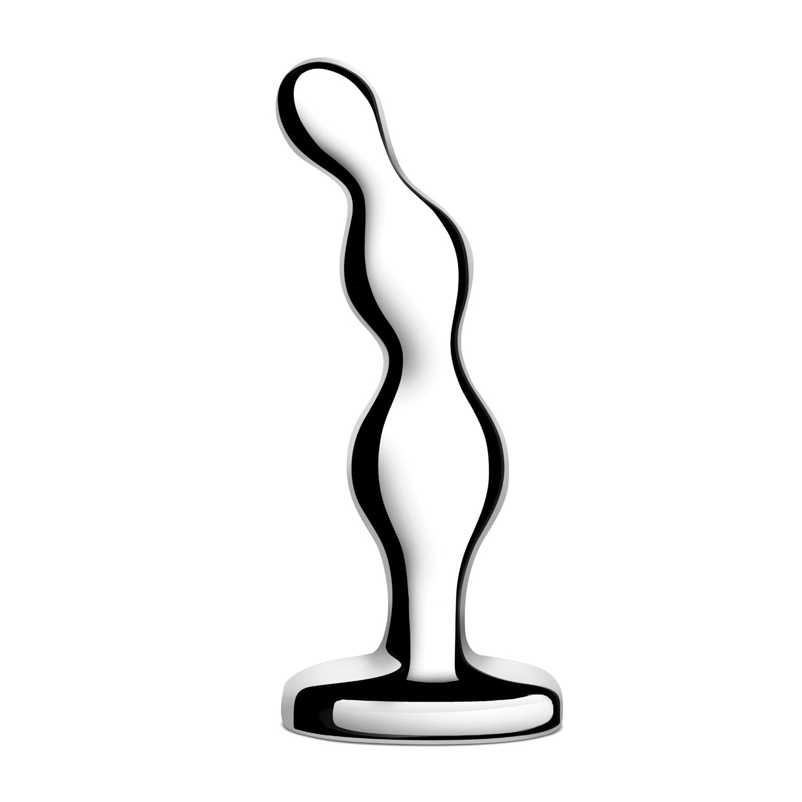 The b-vibe Stainless Steel Anal Beads feature a smooth, curvy design with a reflective finish, crafted from stainless steel. Displayed on a round base against a white background, it exudes an abstract and modern aesthetic.
