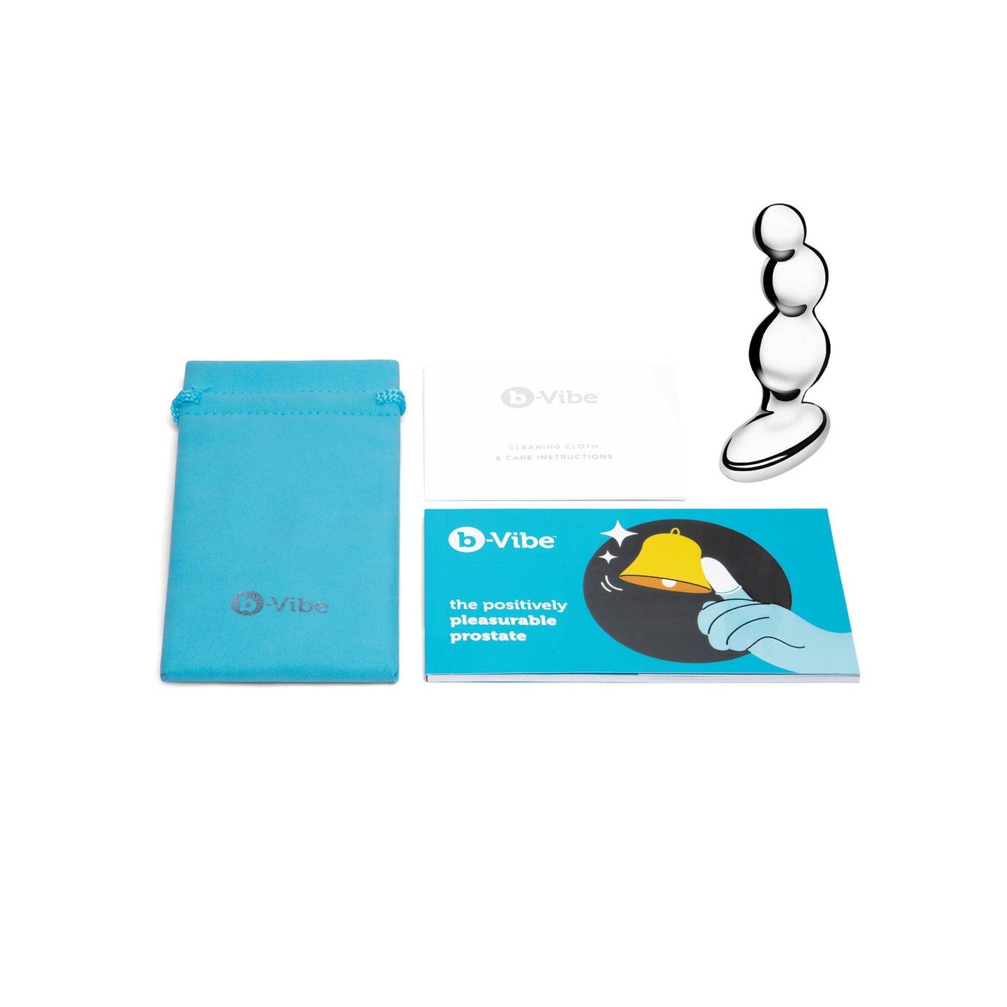 The b-Vibe Stainless Steel Anal Beads, a silver device with three bulb shapes made of stainless steel, is shown on a clean white background. Accompanied by a blue pouch, an informational booklet, and instruction manual, its perfect for beaded anal or prostate stimulation.