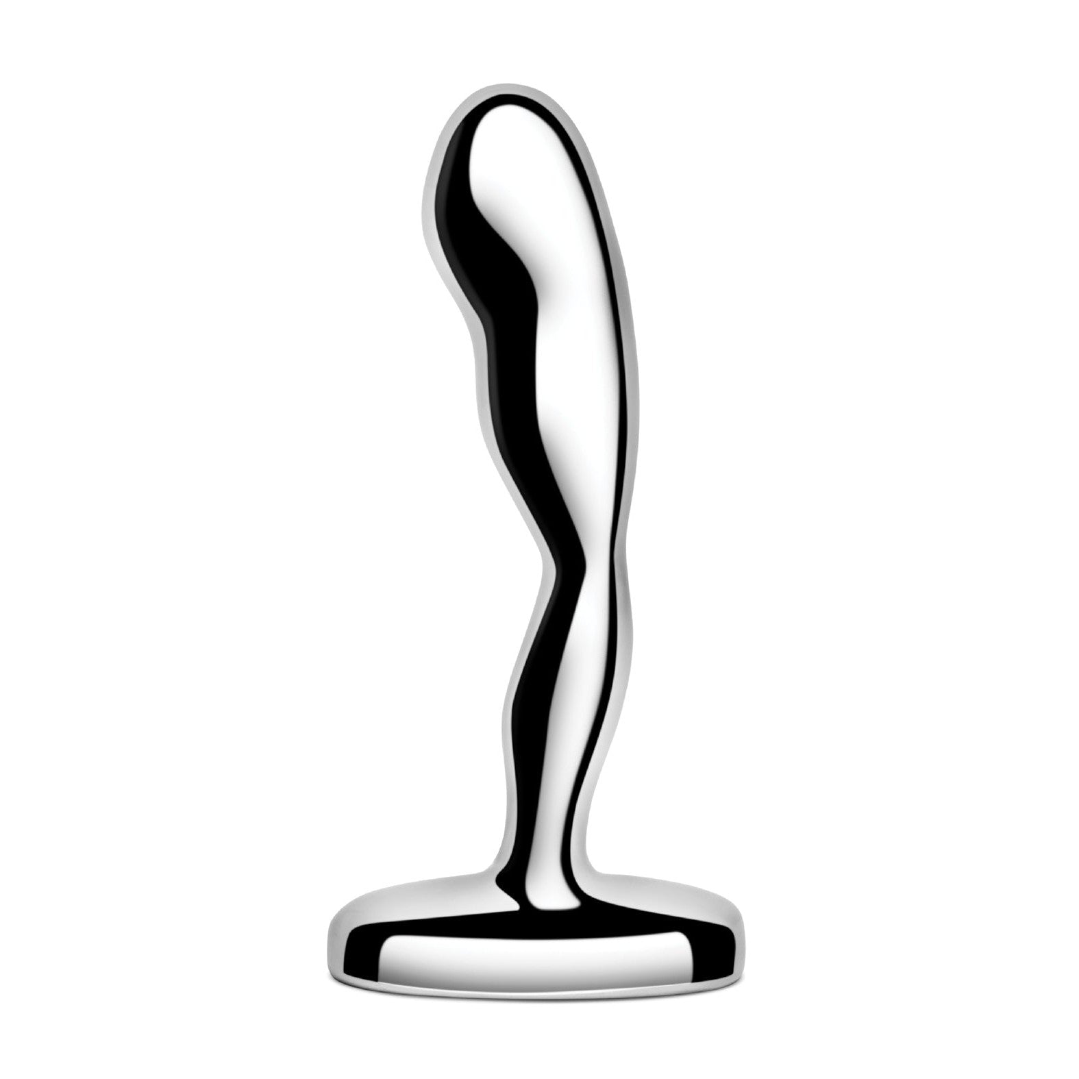 The b-vibe Stainless Steel Prostate Plug is a sleek, modern, elongated sculpture with gentle curves on a round base, boasting a polished finish. It resembles abstract art and ensures body-safe materials for peace of mind.