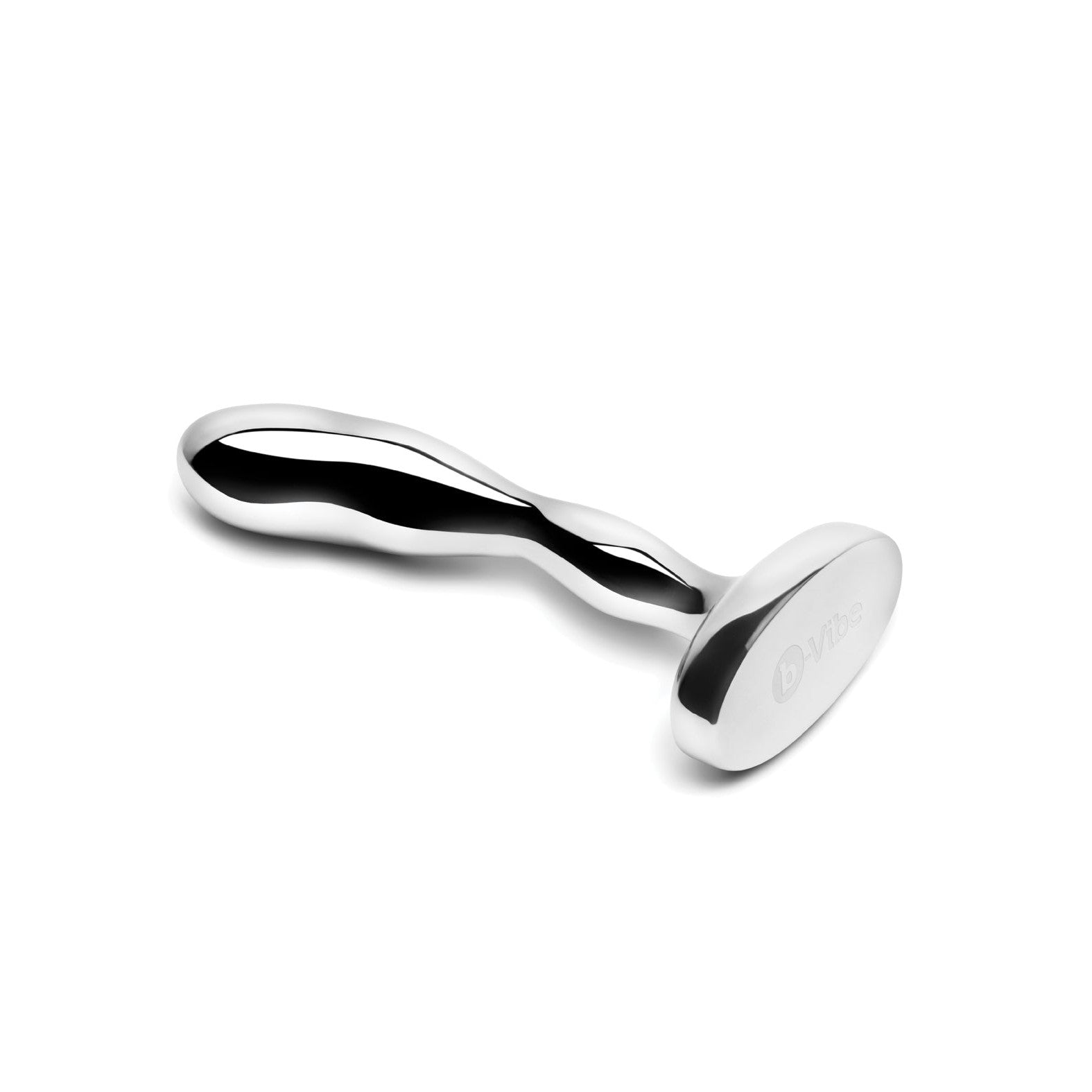 The b-vibe Stainless Steel Prostate Plug, featuring a smooth, curved handle and rounded base for comfort and convenience, is expertly designed and displayed on a white background.