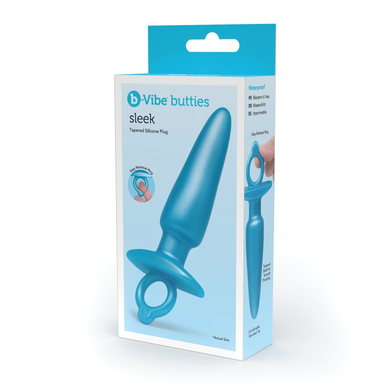 The image shows the BV-075 b-Vibe Butties Sleek Tapered Plug packaging, a white box with blue accents. It highlights its body-safe silicone and waterproof design for anal training, featuring an image of the blue plug with a convenient retrieval handle.