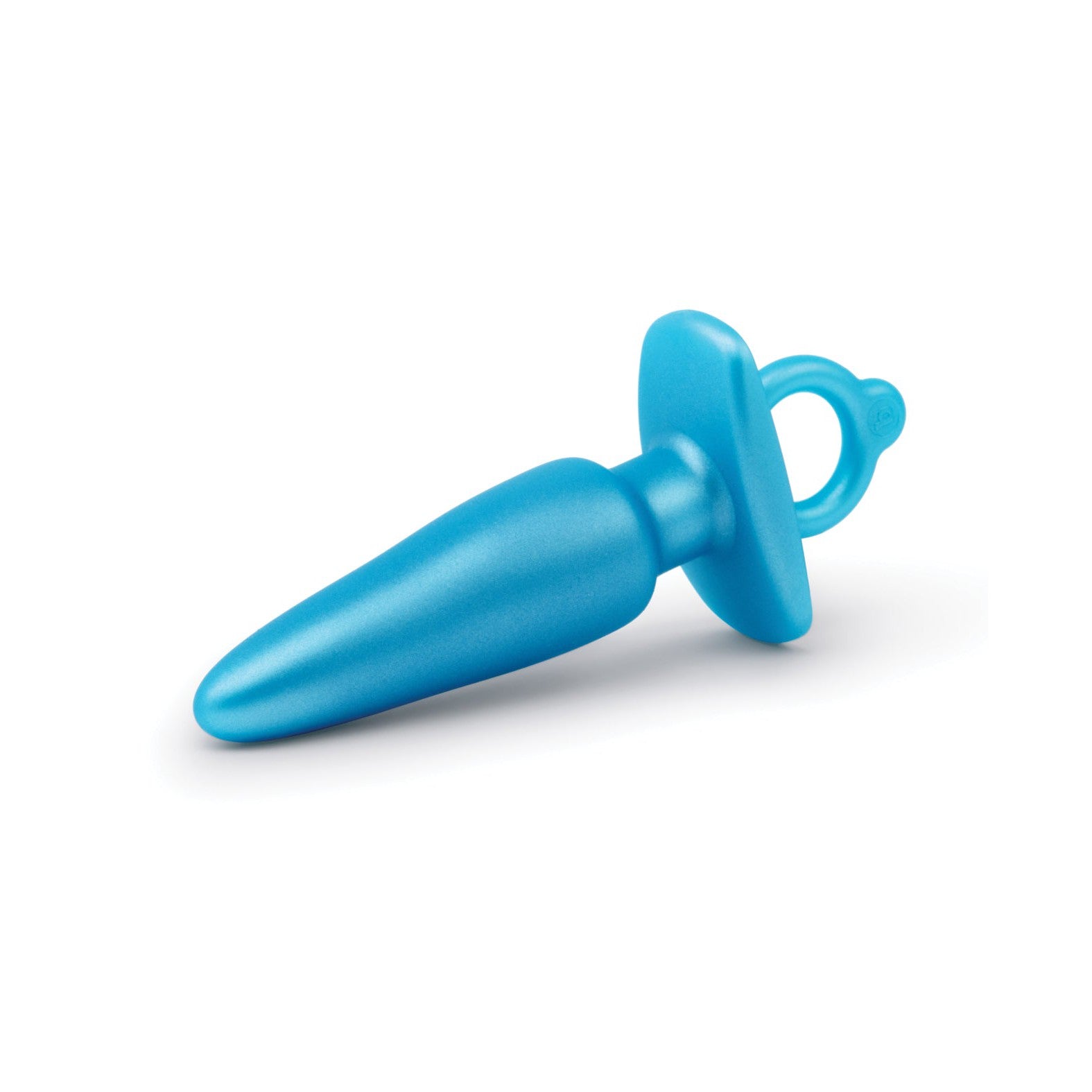 The b-Vibe Butties Sleek Tapered Plug by BV-075 is made from body-safe silicone, showcasing a smooth blue finish, tapered shape, and a handy ring handle at the base. Perfect for anal training, it offers both comfort and ease of use.