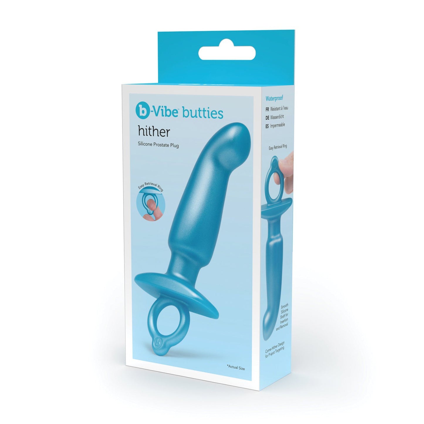 The b-Vibe Butties Hither Tapered Prostate Plug box features a blue plug with a loop handle, highlighting its waterproof and body-safe design. Enjoy remote-controlled P-spot stimulation with this premium device. The b-vibe brand name is prominently displayed for easy recognition.