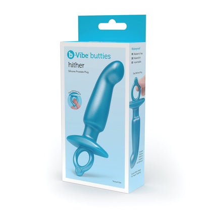 The b-Vibe Butties Hither Tapered Prostate Plug box features a blue plug with a loop handle, highlighting its waterproof and body-safe design. Enjoy remote-controlled P-spot stimulation with this premium device. The b-vibe brand name is prominently displayed for easy recognition.