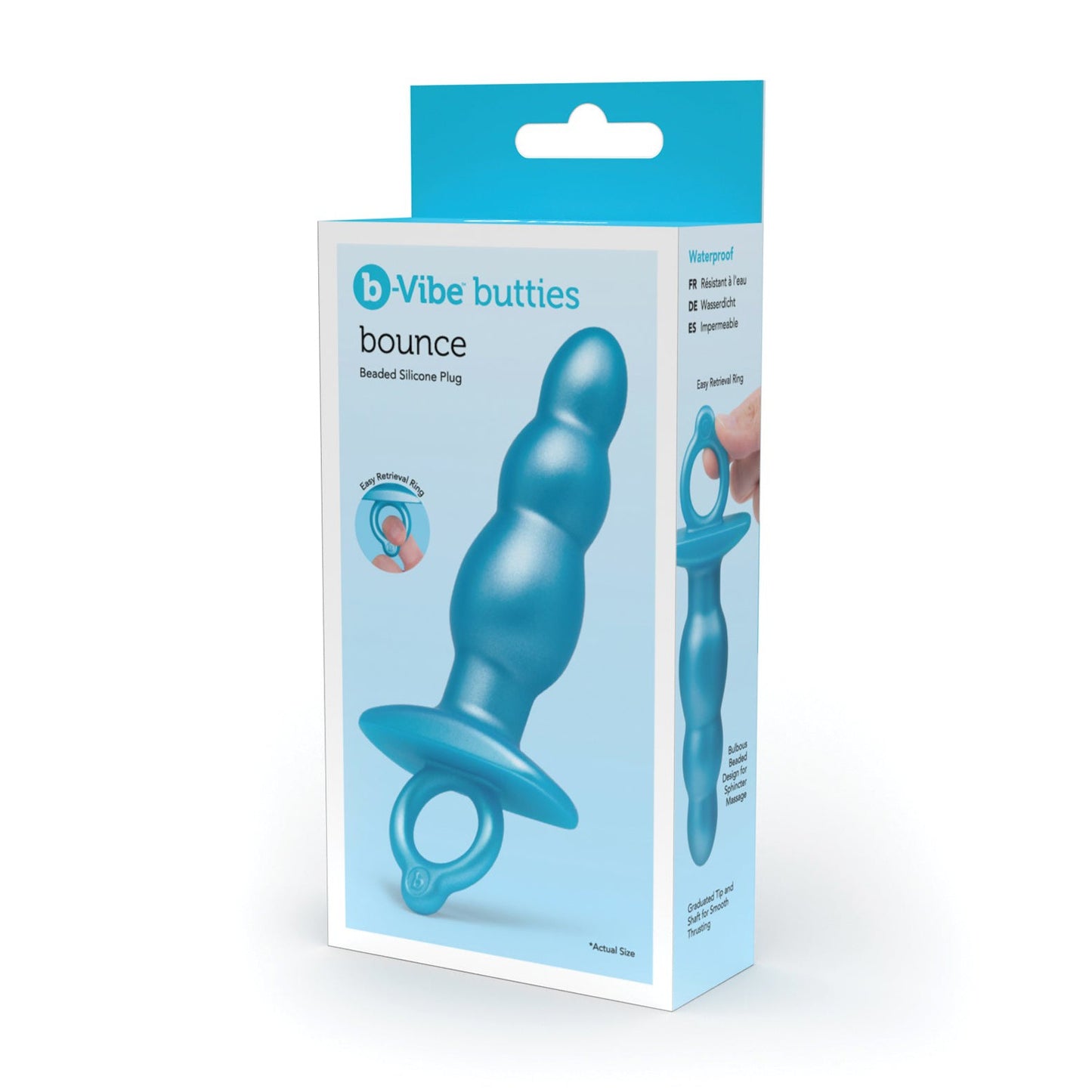 Box with a blue beaded plug labeled b-Vibe Butties Bounce Beaded Tapered Plug by b-vibe, featuring waterproof design, premium silicone material, and ideal for anal training; packaging includes a small usage illustration.
