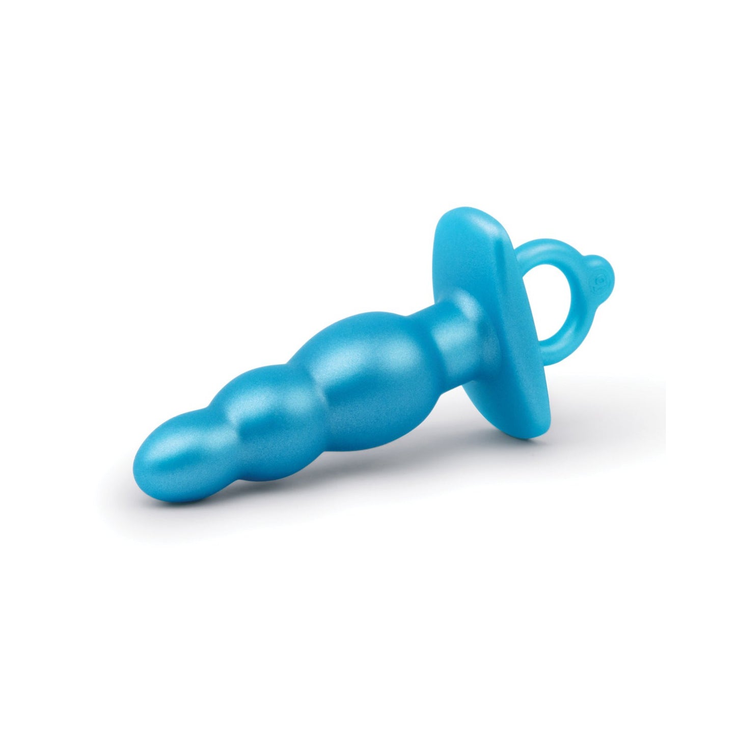 The b-vibe Butties Bounce Beaded Tapered Plug is a blue silicone anal plug with a bulbous design, ideal for anal training, and features a flared base for safe and comfortable use.