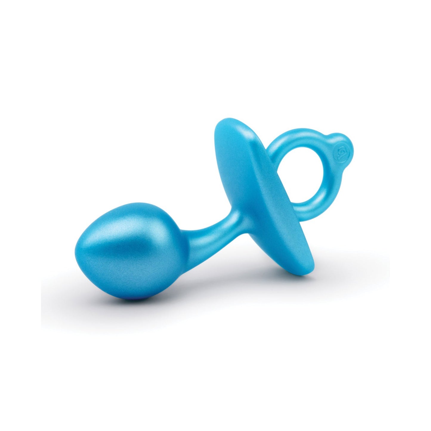 The b-Vibe Butties Bulb Tapered Prostate Plug by b-vibe is a small, blue silicone plug with a curved tapered end and flared base, featuring a circular handle for easy grip. Designed for P-spot pleasure, it stands against a plain white background.